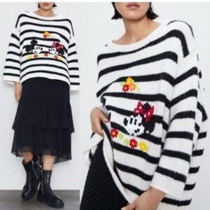Zara Black & White Striped Sweater, Mickey and Minnie Mouse Graphic and Red Bow